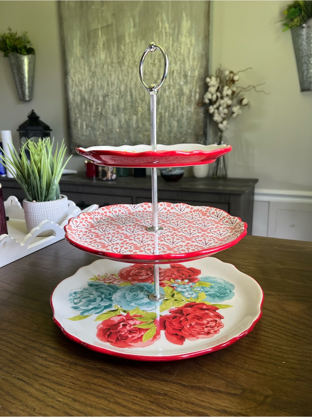 The Pioneer Woman 3 Tier Floral Serving Stand Dessert Tray Red Stoneware